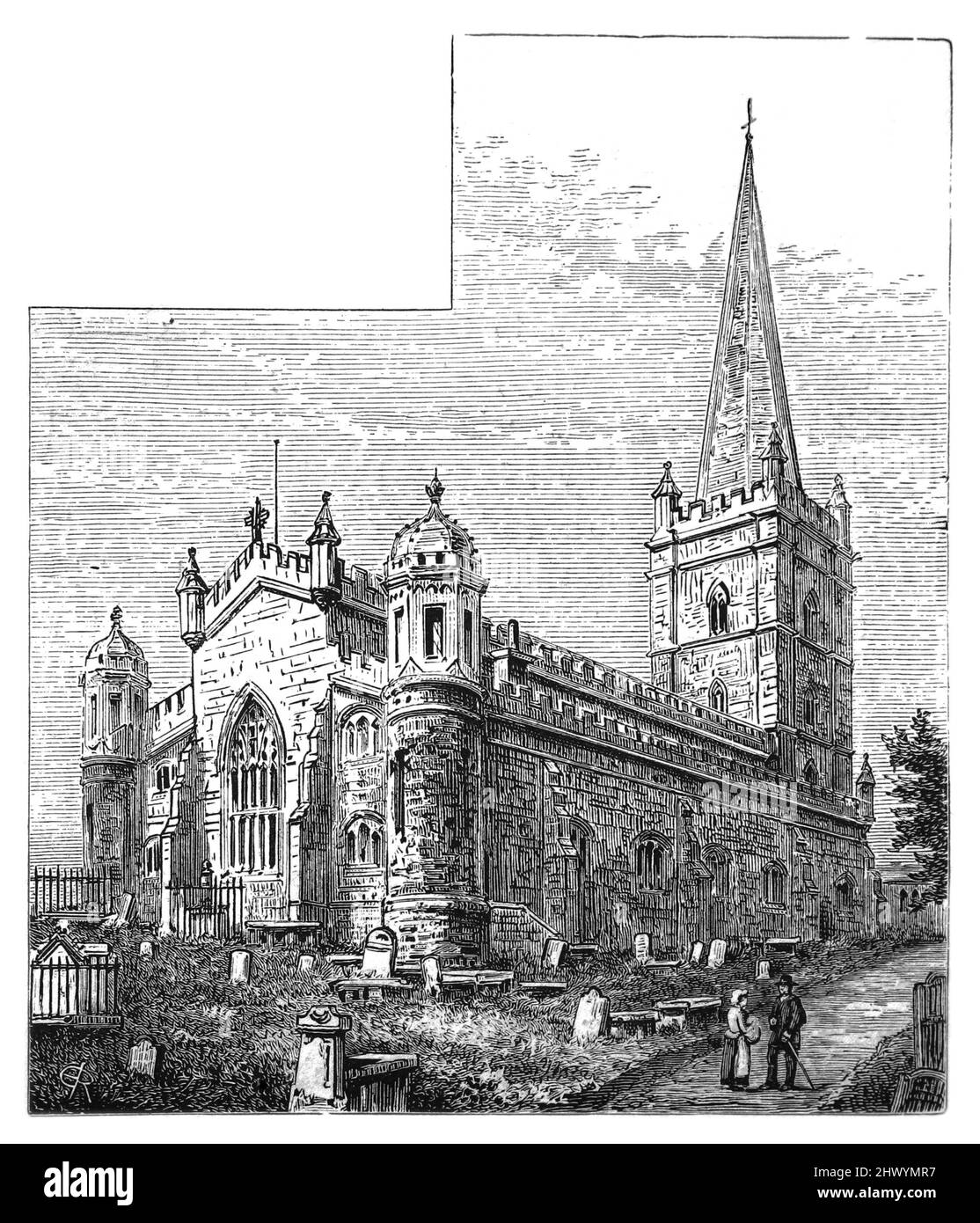 Londonderry Cathedral in the 19th century before the chancel was built in 1887; Black and White Illustration; Stock Photo