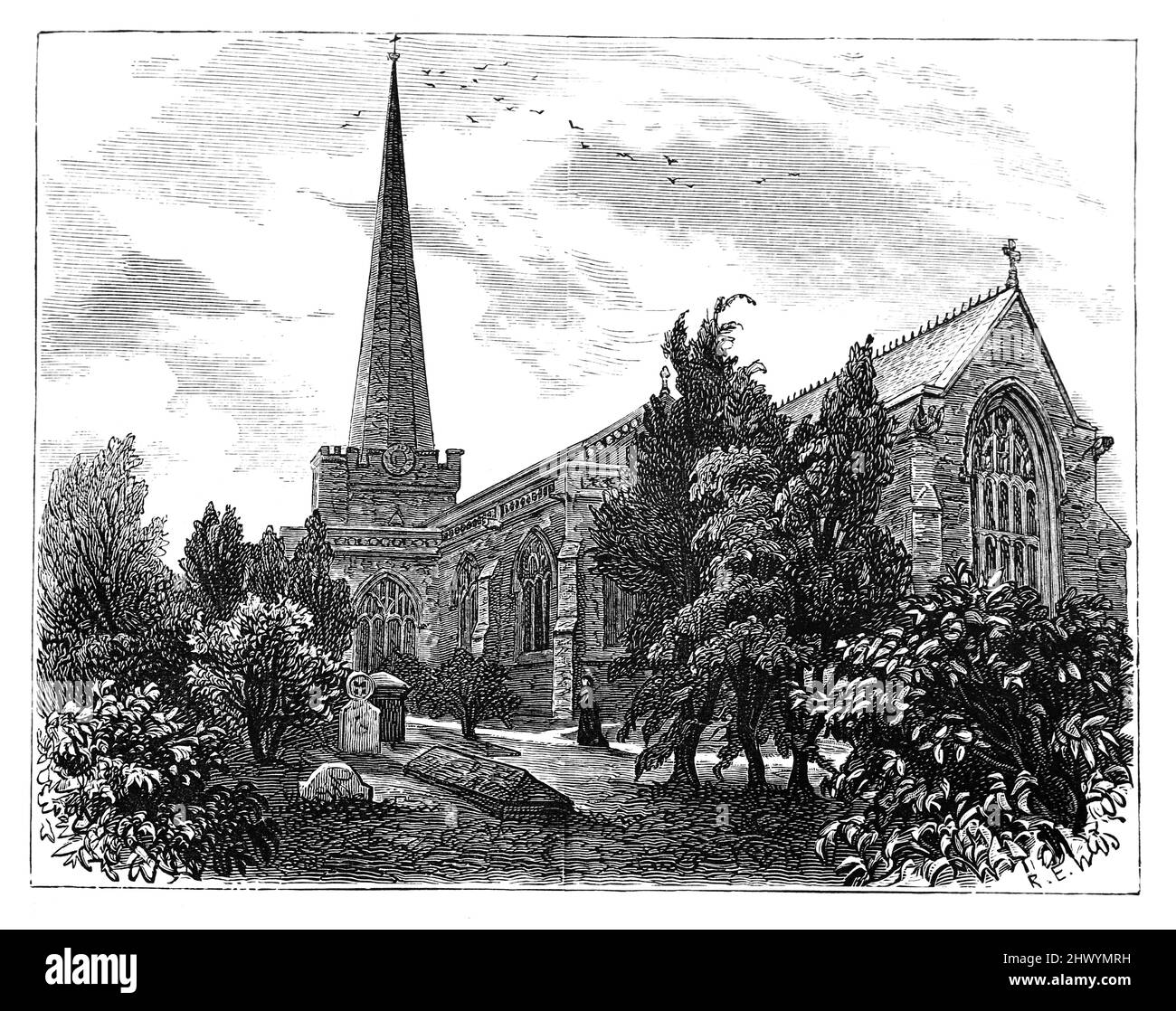 St Mary's Church, Bridgewater, Somerset in the 19th century; Black and White Illustration; Stock Photo