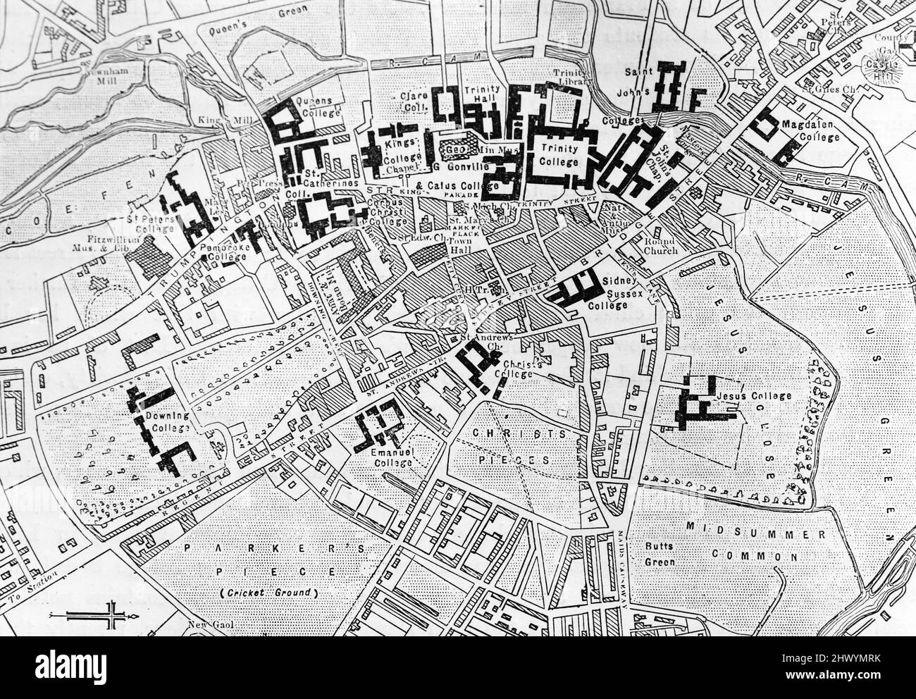 Vintage Street Map of Central Cambridge, England, in the 19th century; Black and White Illustration; Stock Photo