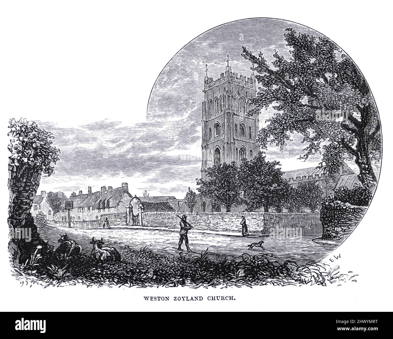 Church of the Blessed Virgin Mary, Westonzoyland, Somerset, in the 19th century; Black and White Illustration; Stock Photo