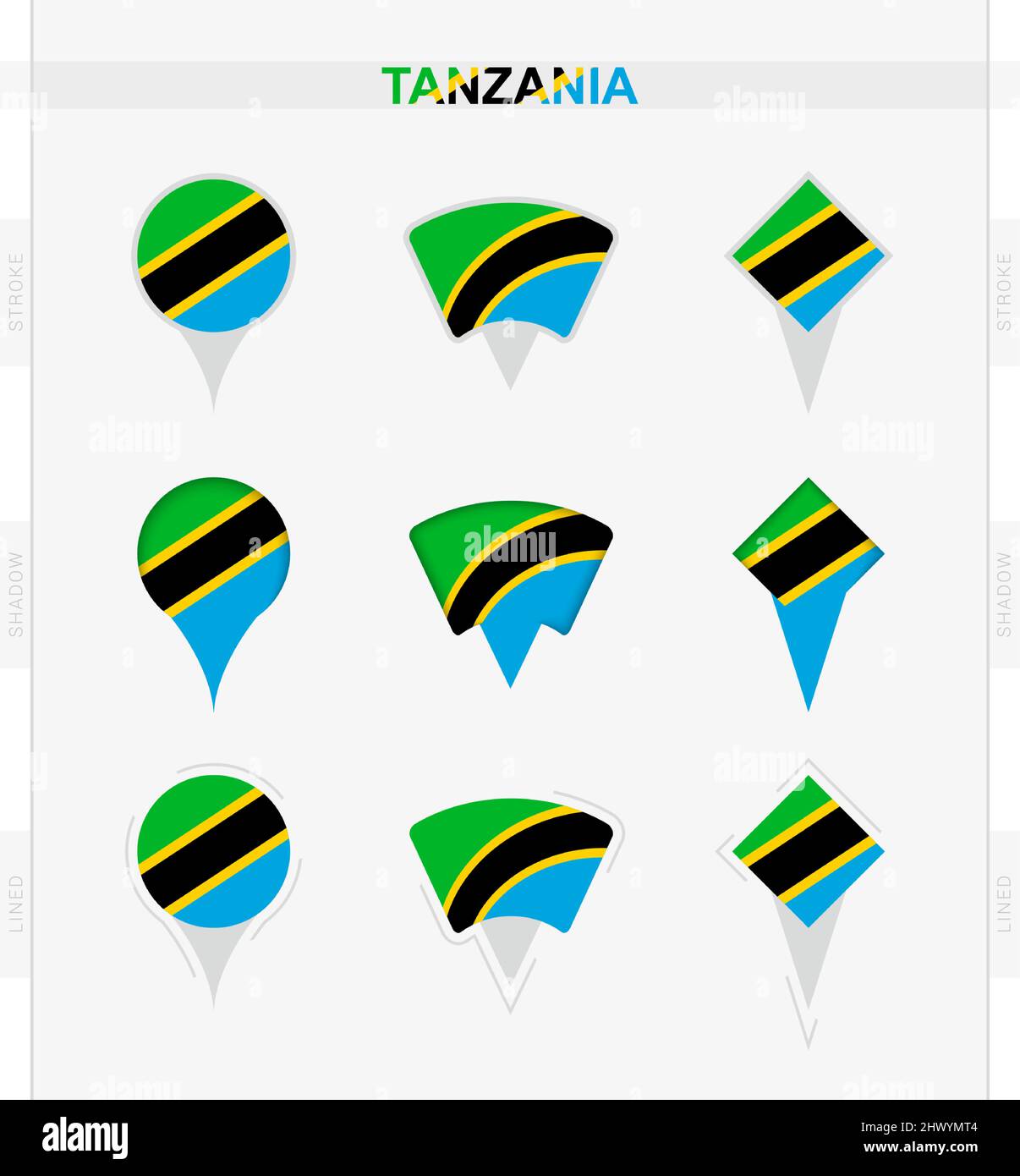 Tanzania flag, set of location pin icons of Tanzania flag. Vector illustration of national symbols. Stock Vector