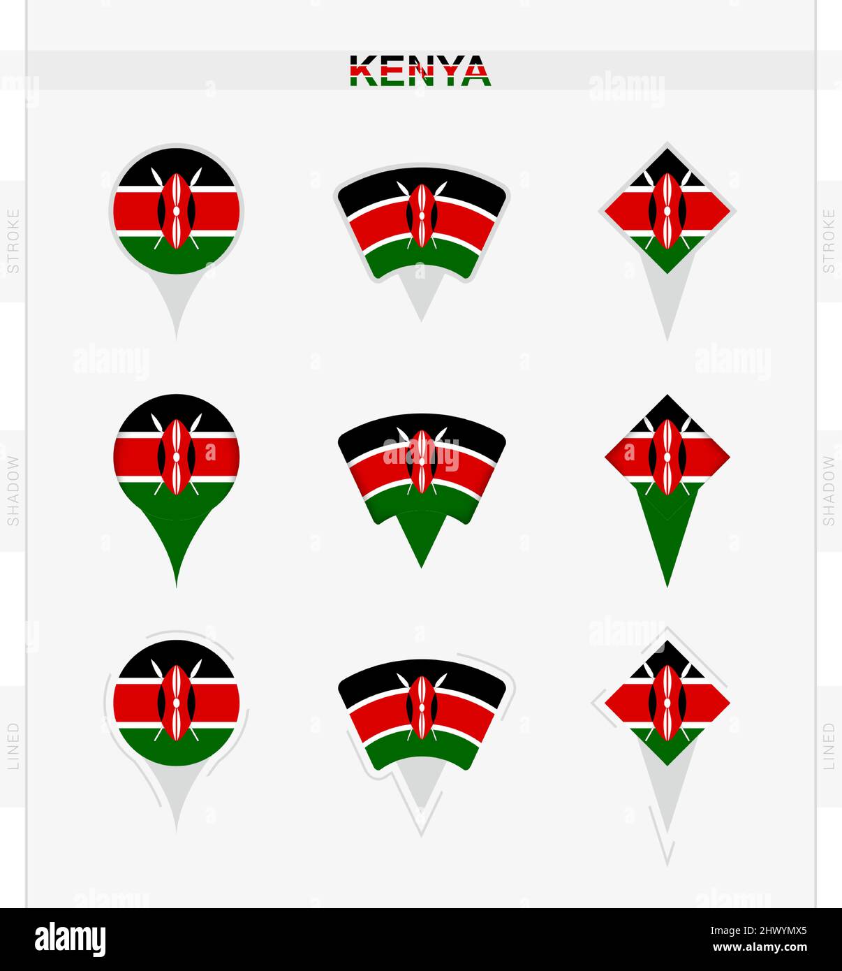 Kenya flag, set of location pin icons of Kenya flag. Vector illustration of national symbols. Stock Vector