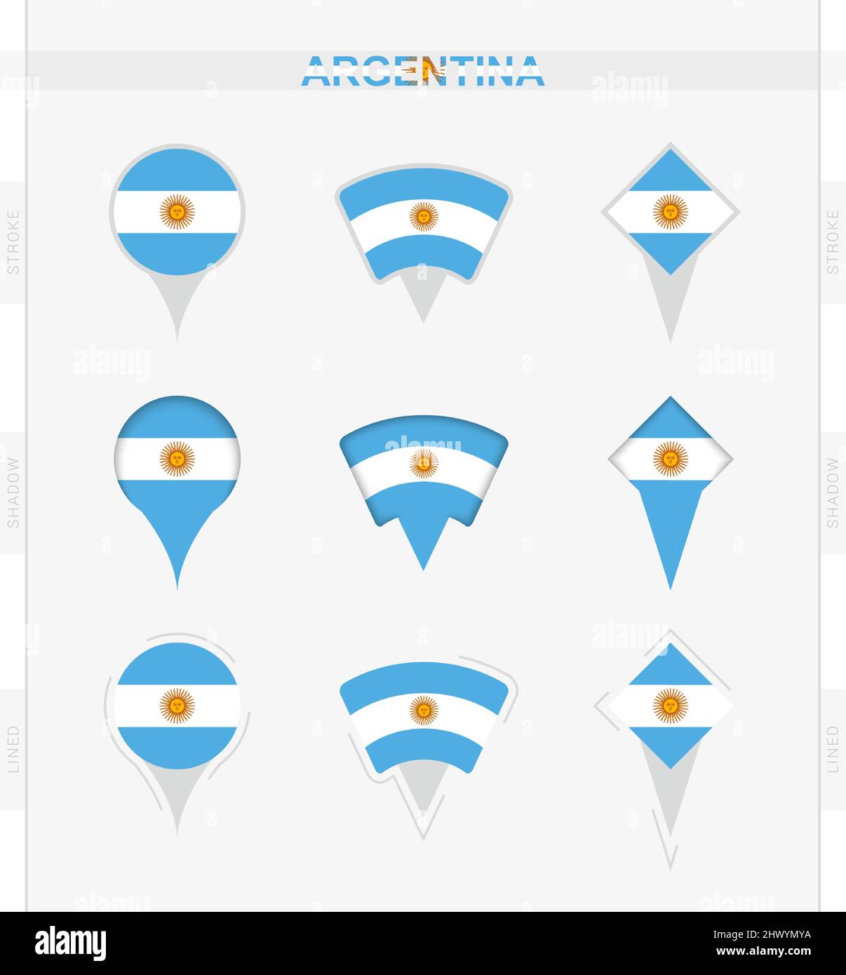 Argentina flag, set of location pin icons of Argentina flag. Vector illustration of national symbols. Stock Vector