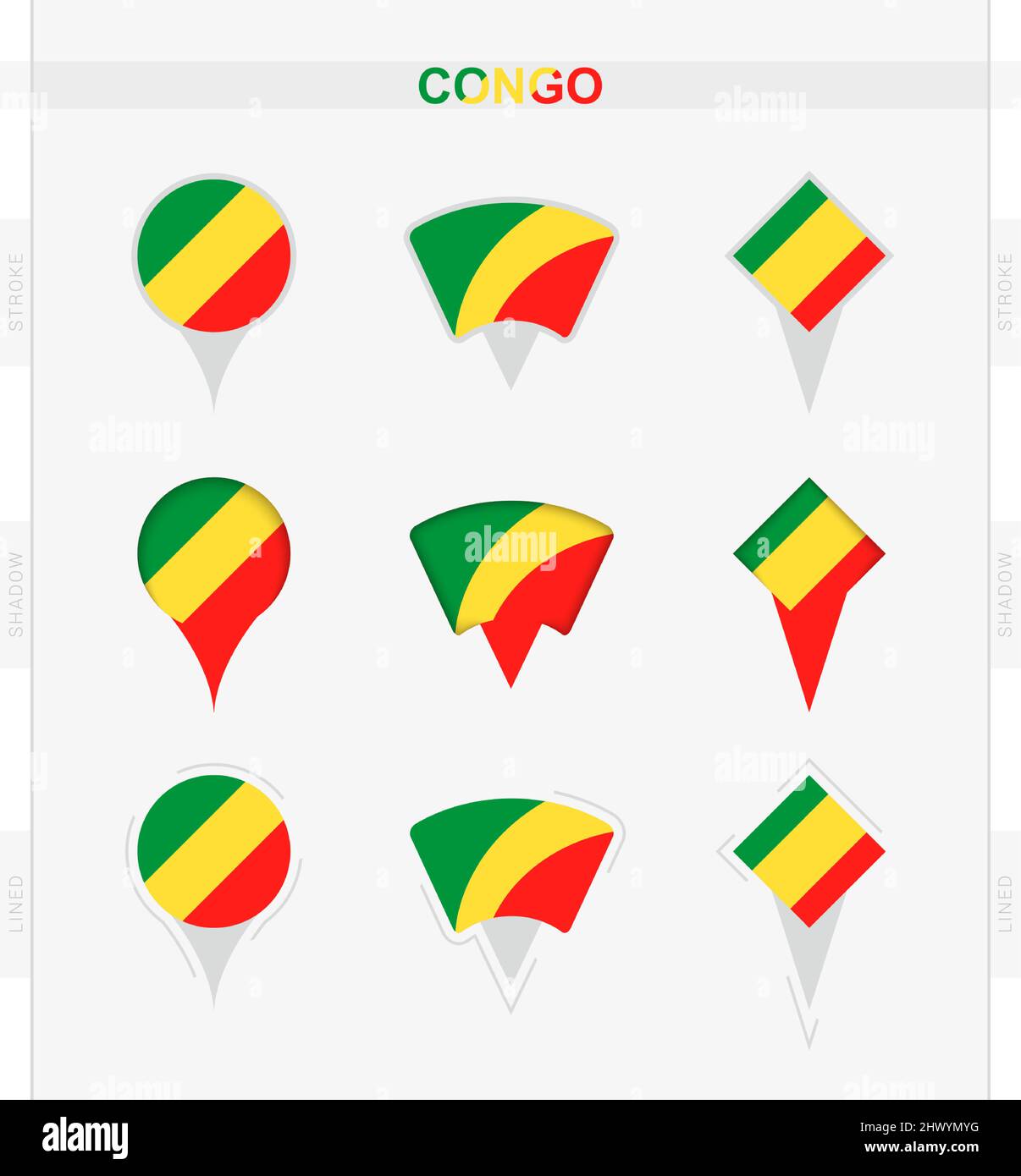 Congo flag, set of location pin icons of Congo flag. Vector illustration of national symbols