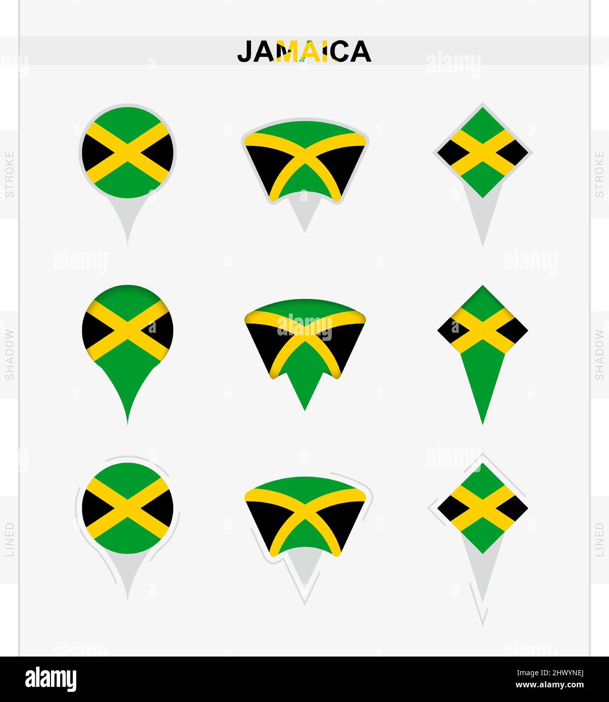 Jamaica flag, set of location pin icons of Jamaica flag. Vector