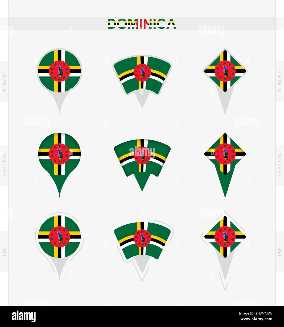 Dominica flag, set of location pin icons of Dominica flag. Vector