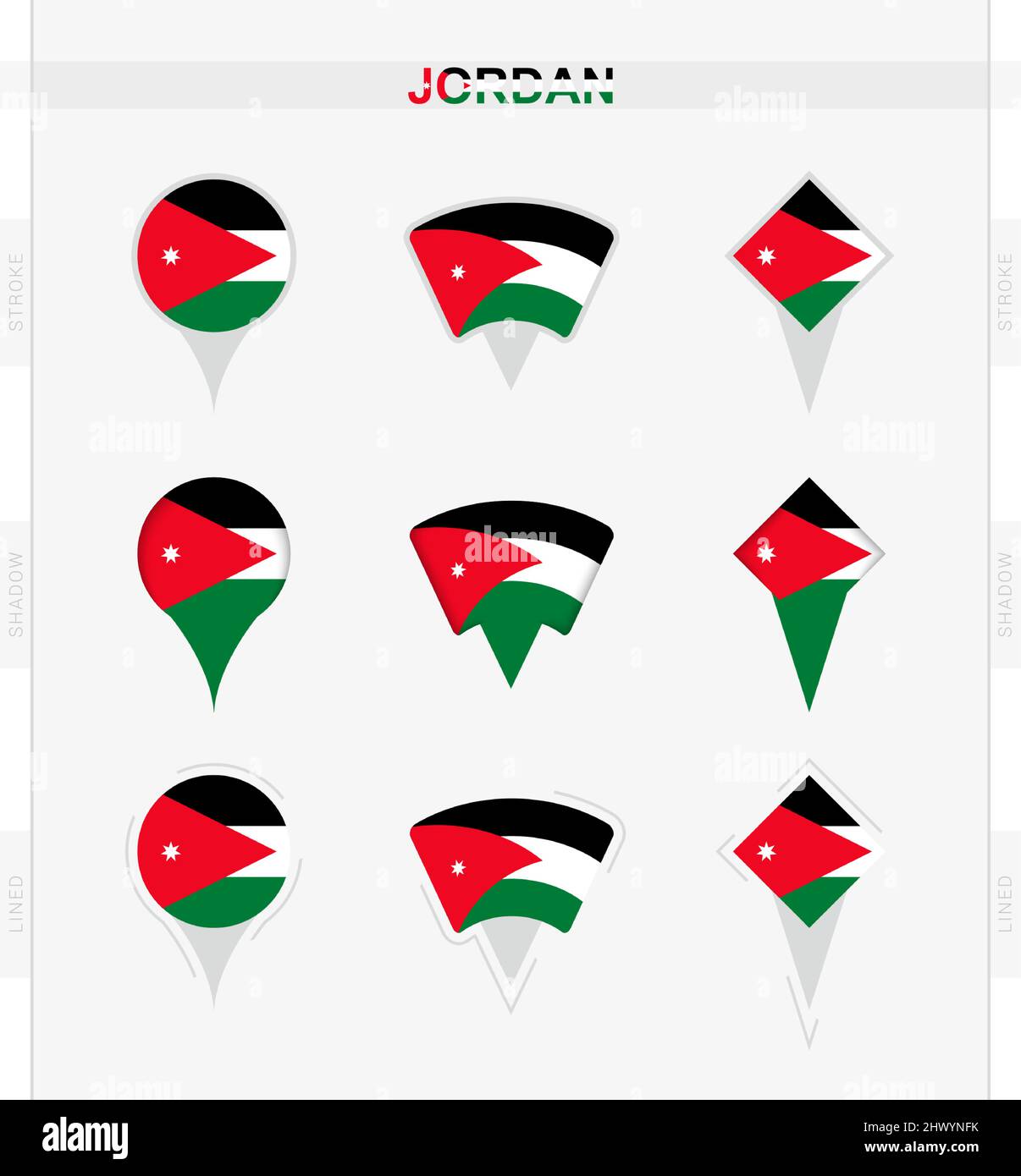 Jordan flag, set of location pin icons of Jordan flag. Vector illustration of national symbols