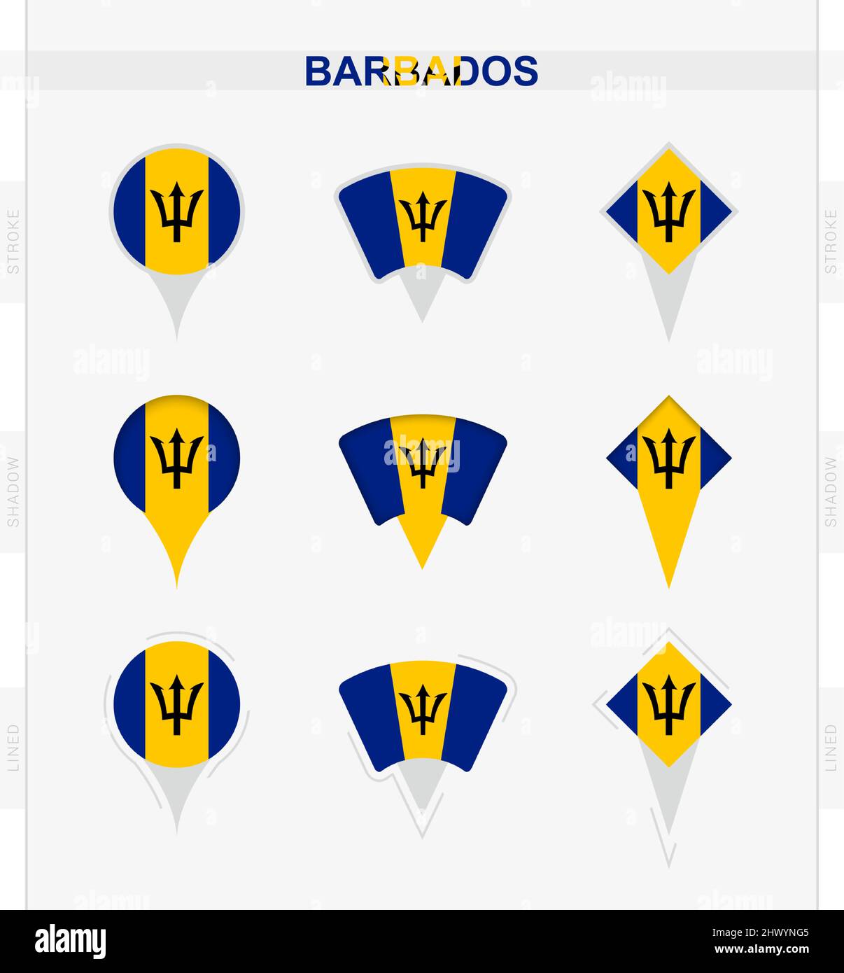 Barbados flag, set of location pin icons of Barbados flag. Vector