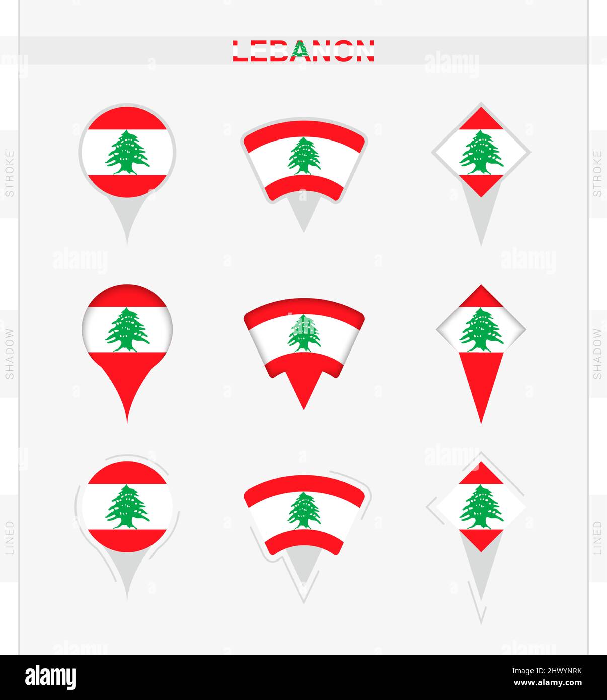 Lebanon flag, set of location pin icons of Lebanon flag. Vector