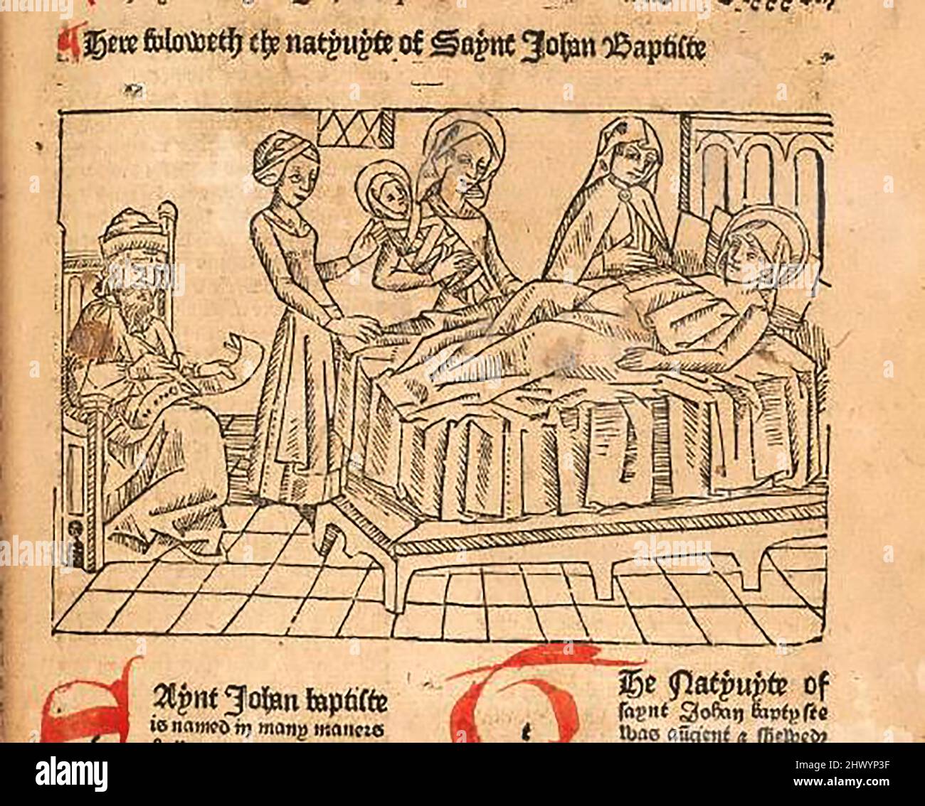 15th century woodcut showing the nativity of St John the Baptist, printed by William Caxton ( 1422-1491/92) in his translation of  'The Golden Legend' or  'Thus endeth the legende named in Latyn legenda aurea that is to saye in Englysshe the golden legende' by Jacobus, de Voragine, (Circa 1229-1298). Stock Photo