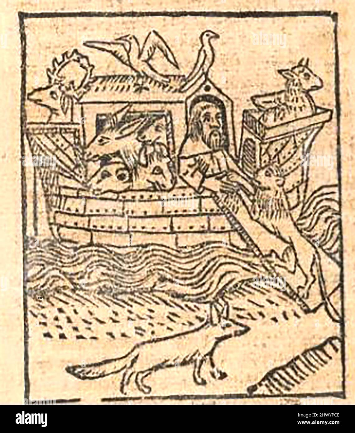 15th century woodcut showing the story of Noah and his ark printed by William Caxton ( 1422-1491/92) in his translation of  'The Golden Legend' or  'Thus endeth the legende named in Latyn legenda aurea that is to saye in Englysshe the golden legende' by Jacobus, de Voragine, (Circa 1229-1298). Stock Photo