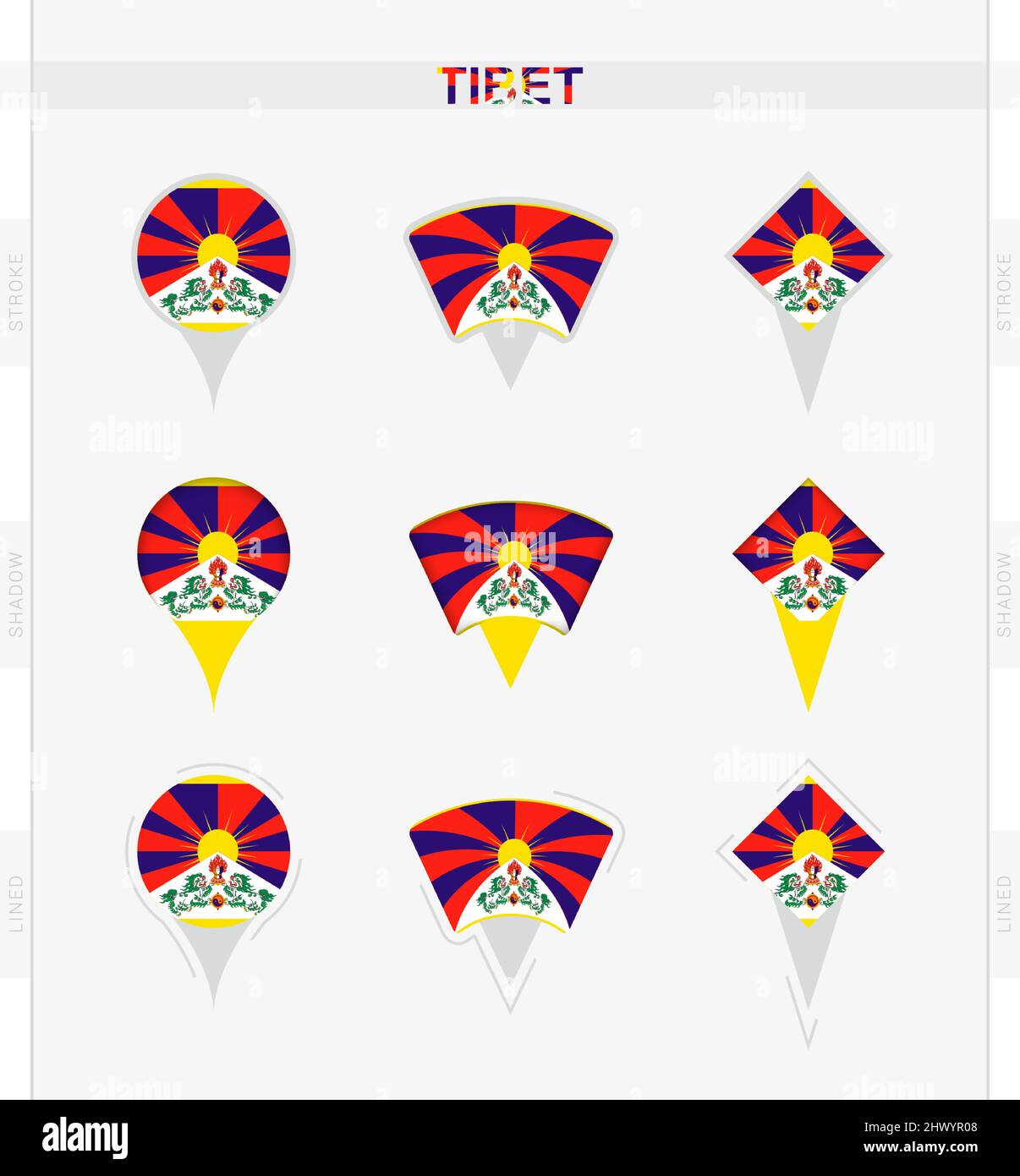 Tibet flag, set of location pin icons of Tibet flag. Vector ...