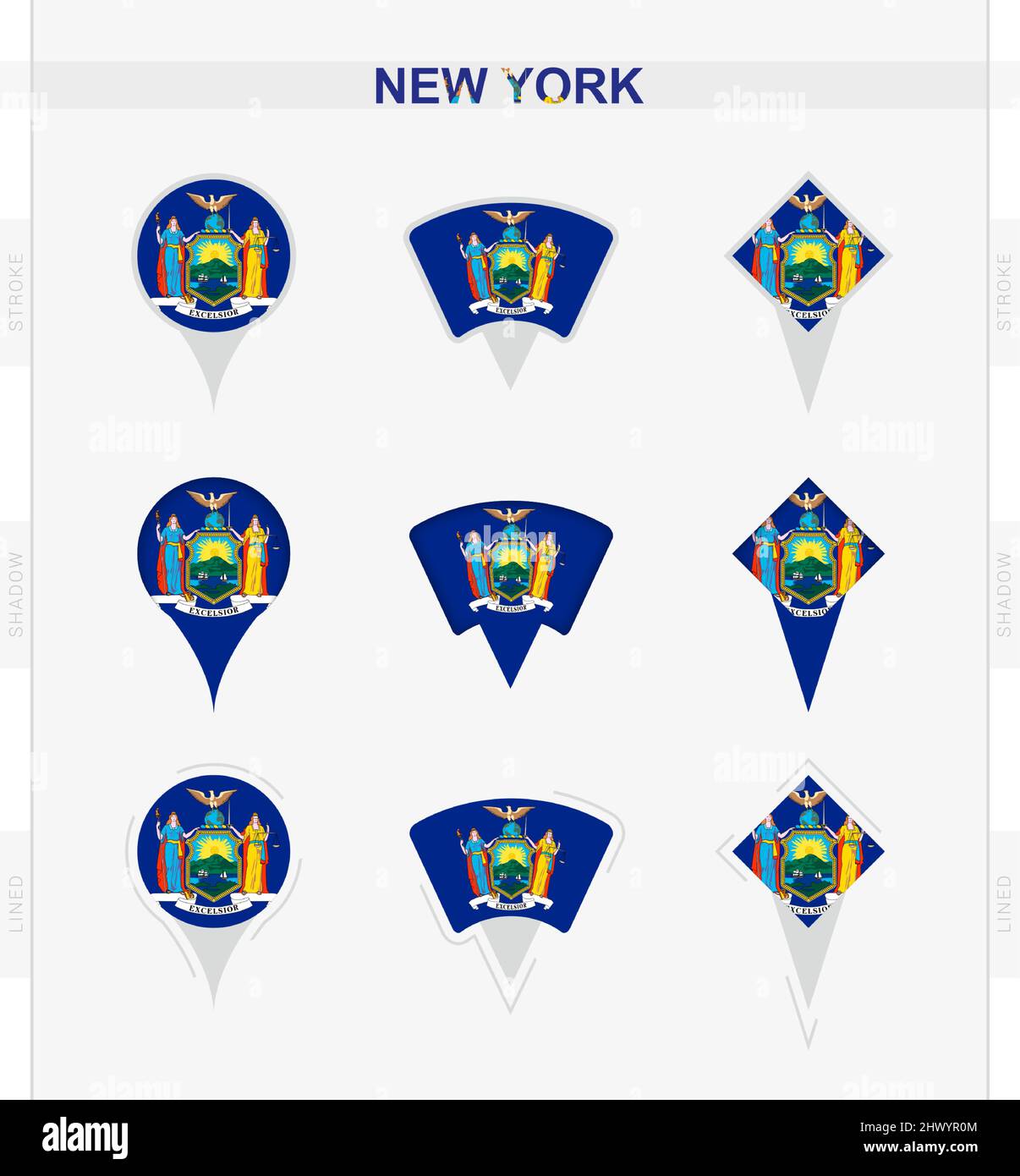 New York flag, set of location pin icons of New York flag. Vector illustration of national symbols. Stock Vector