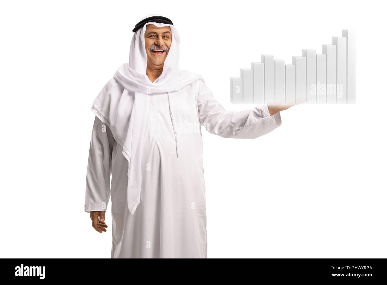Mature muslim man in dishdasha holding a bar chart diagram isolated on white background Stock Photo