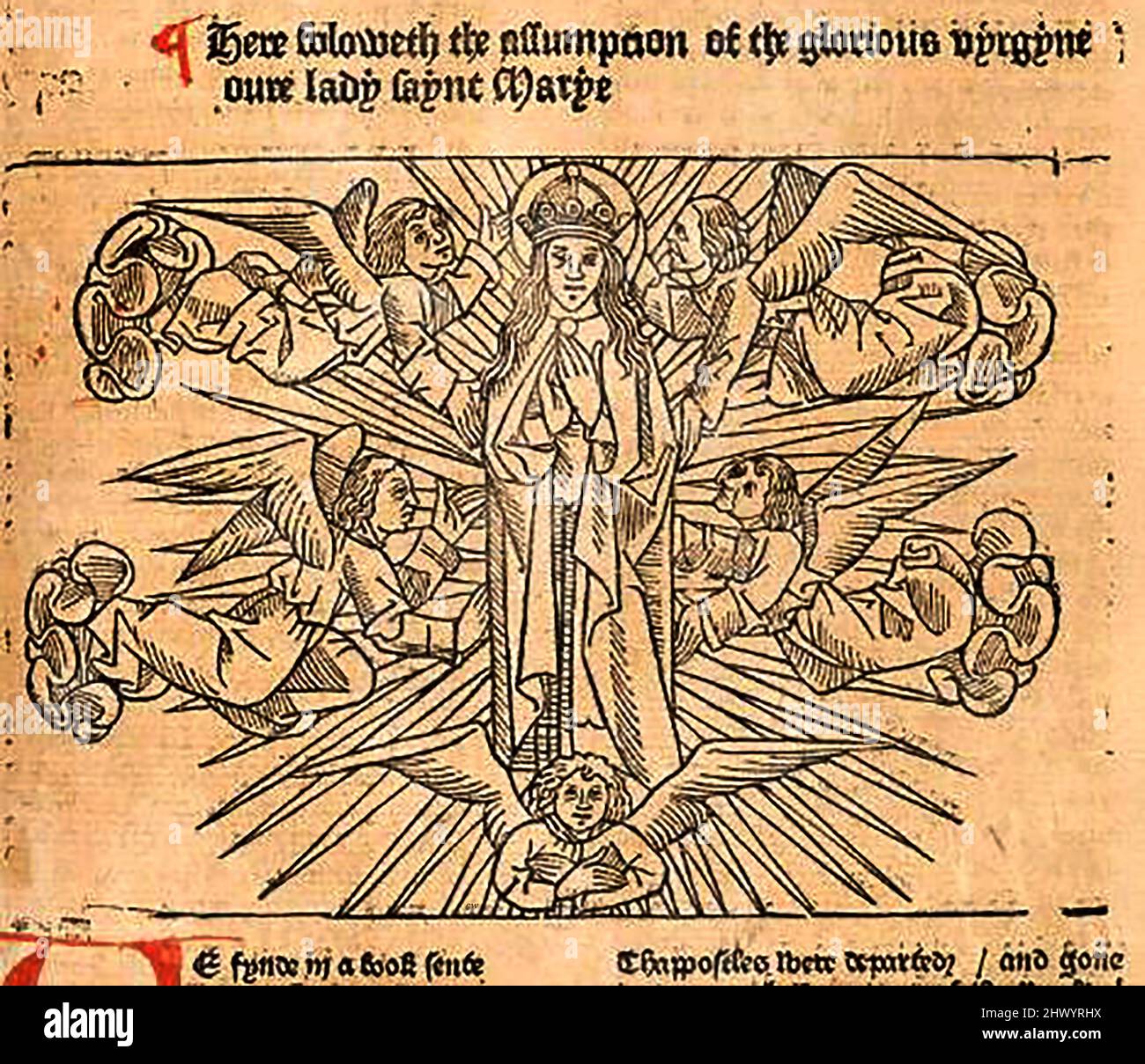 15th century woodcut showing the assumption of St Mary (Virgin Mary) printed by William Caxton ( 1422-1491/92) in his translation of  'The Golden Legend' or  'Thus endeth the legende named in Latyn legenda aurea that is to saye in Englysshe the golden legende' by Jacobus, de Voragine, (Circa 1229-1298). Stock Photo