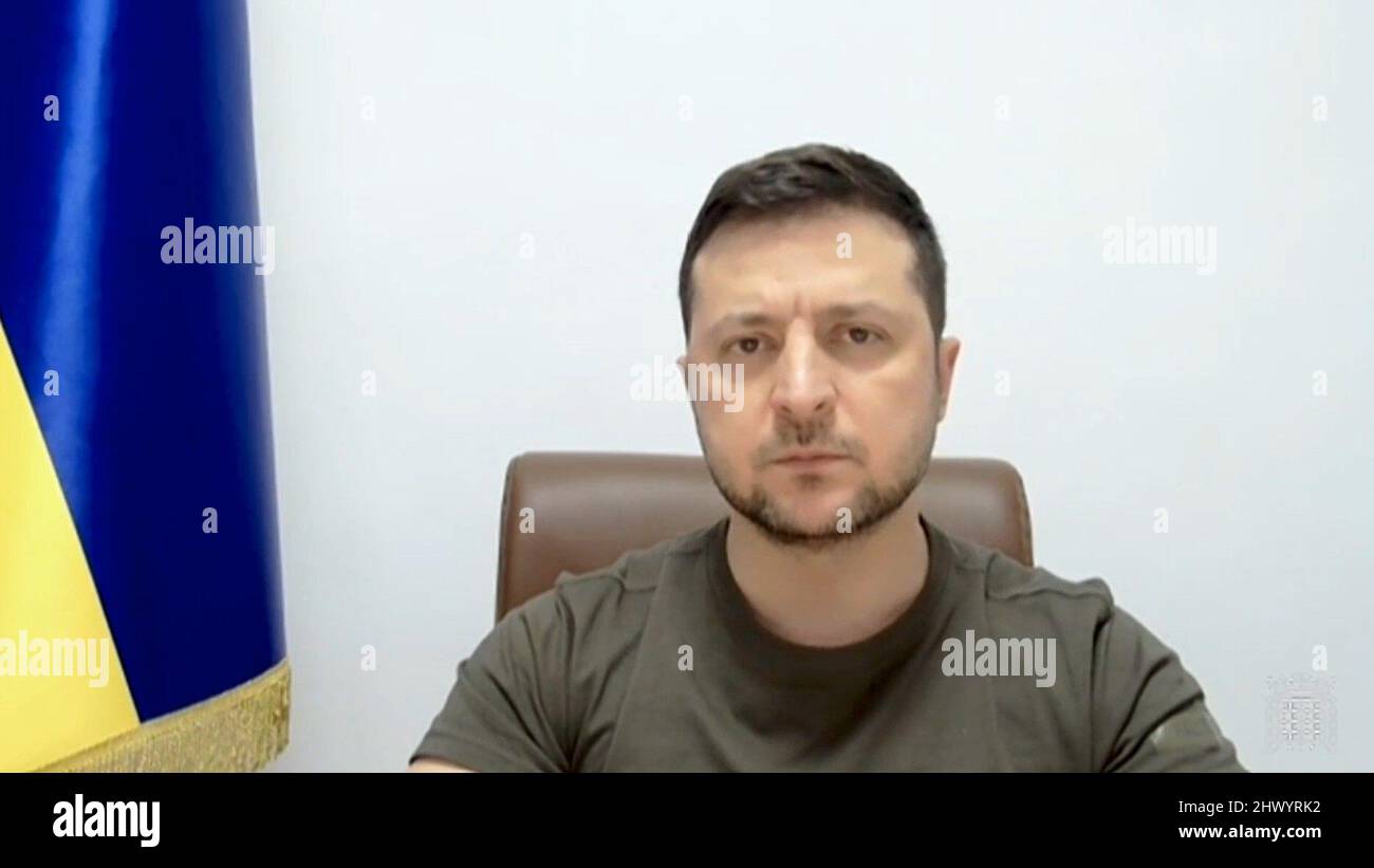 Ukrainian President Volodymyr Zelensky addresses MPs in the House of