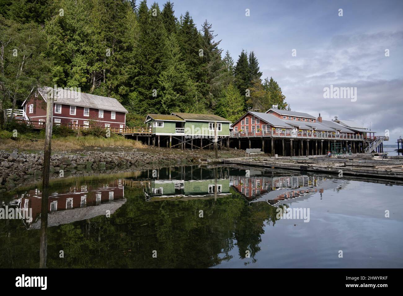 Buildings in the historical  coastal village of Telegraph Cove, Johnstone Strait, Vancouver Island, British Columbia, Canada Stock Photo