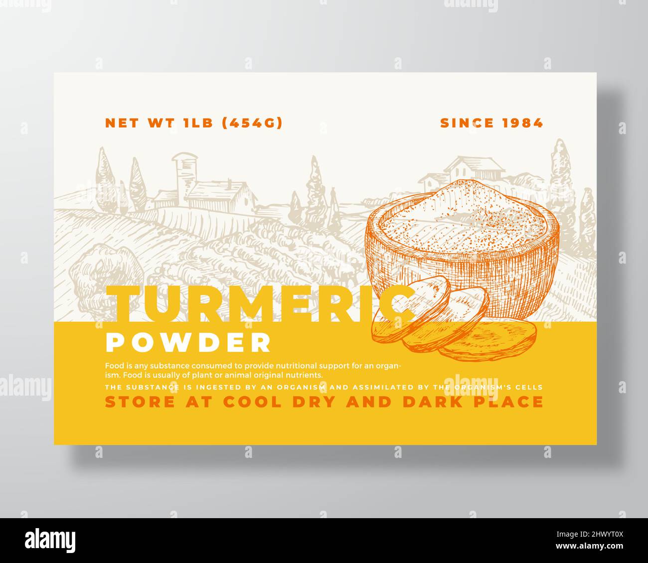 Fresh Local Turmeric Plant Powder Food Label Template. Abstract Vector