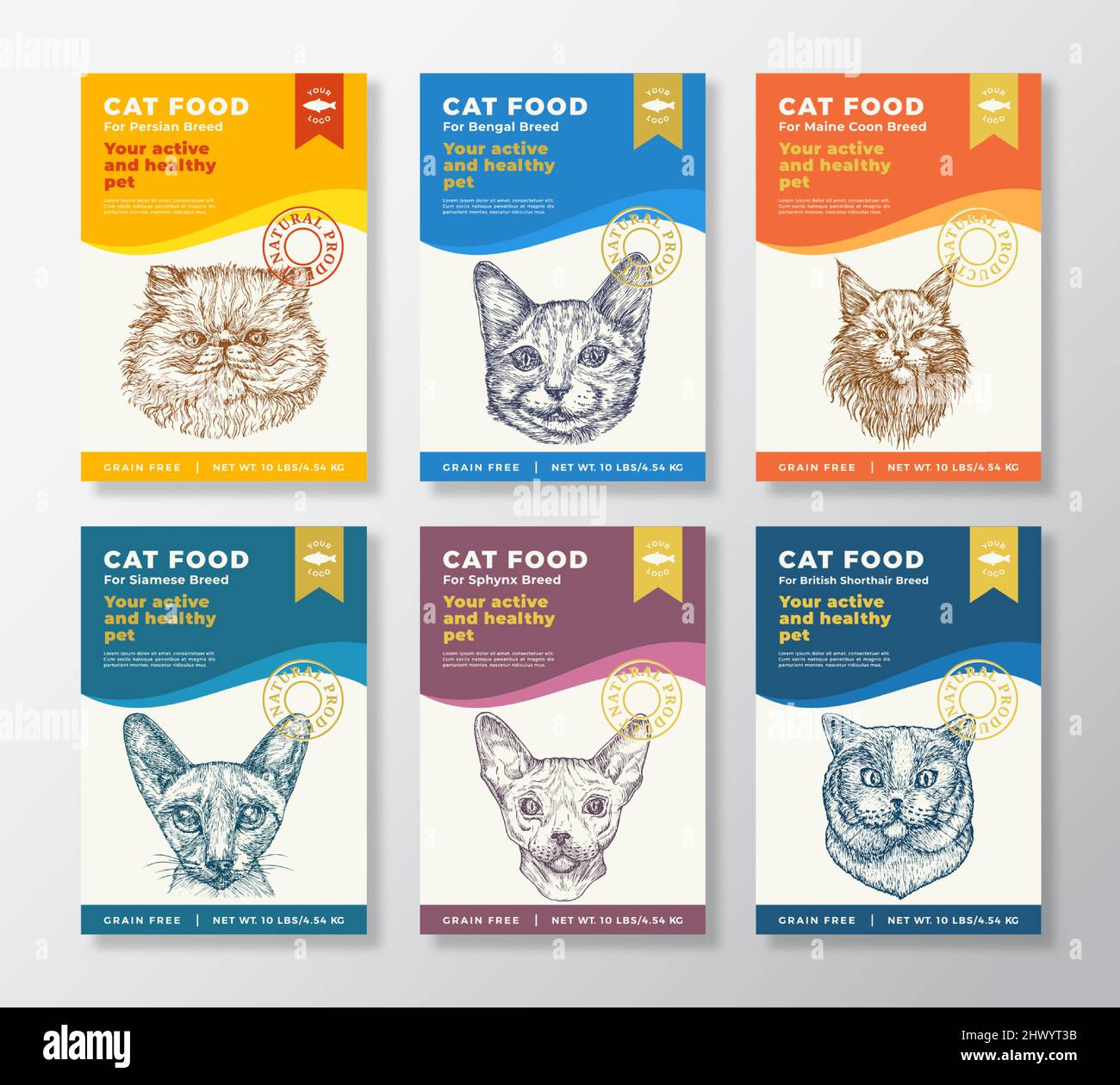 Cat Food Product Label Templates Set. Vector Packaging Design Layouts ...