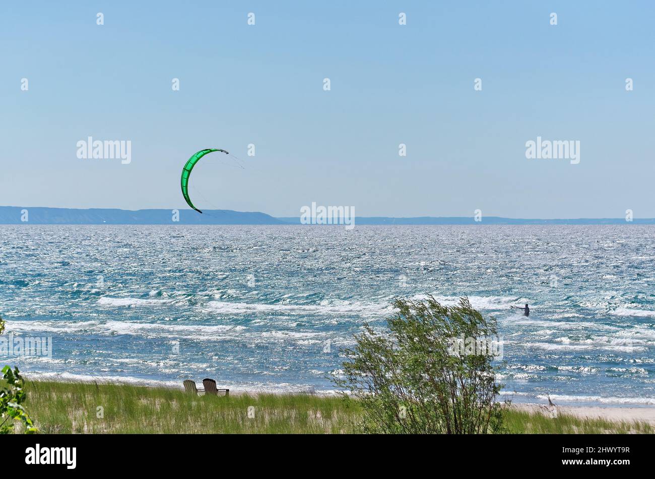 Kiteboard Action on a Windy Summer Day on Bay in Tiny Township