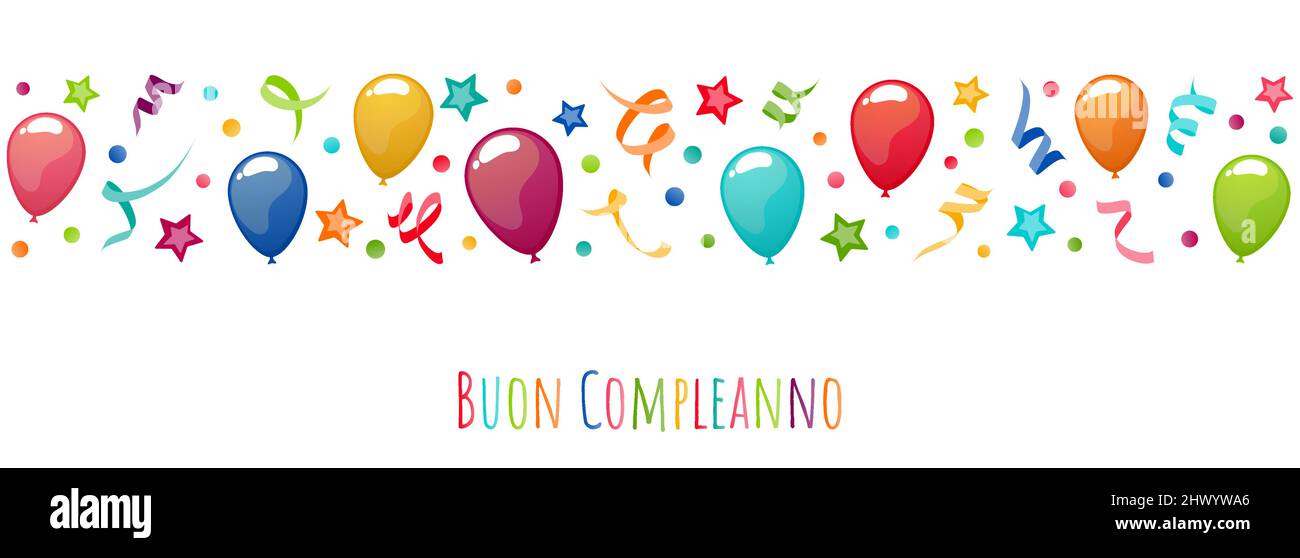 eps vector illustration file banner with birthday greetings (italian text) with balloons, streamers, confetti and stars for birthday and party time co Stock Vector