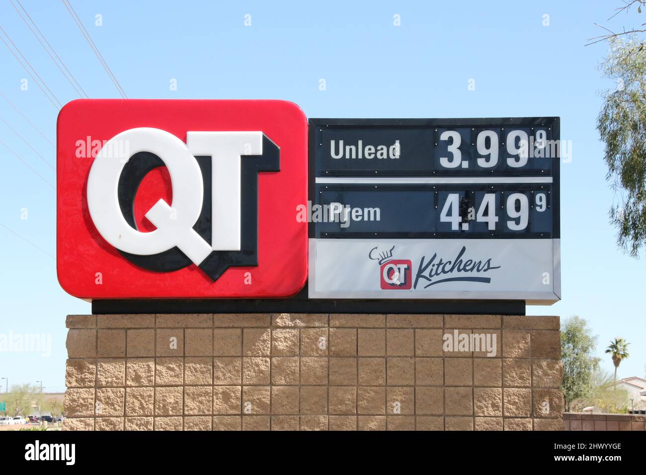 Mesa, USA. 04th Mar, 2022. A QT gas station displays high gas prices on