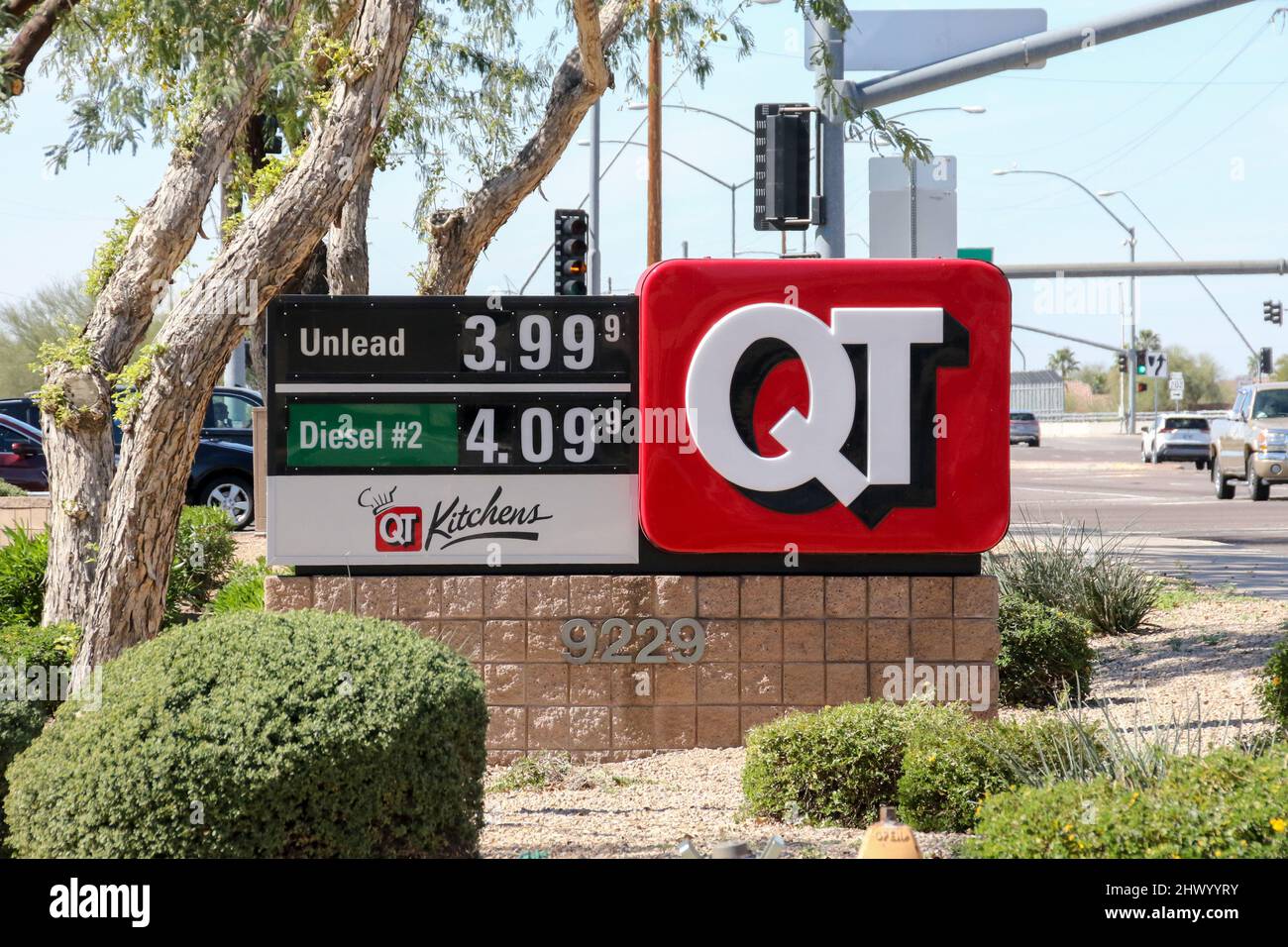 Mesa, USA. 04th Mar, 2022. A QT gas station displays high gas prices on its marquee in Mesa, Arizona, USA on March 4, 2022. Rising gasoline prices are back with fuel inflation growing in recent weeks. Gas prices in Arizona have climbed to their highest point ever, if this current trend continues, the pain at the pump could get much worse before it gets better. (Photo by Alexandra Buxbaum/Sipa USA) Credit: Sipa USA/Alamy Live News Stock Photo