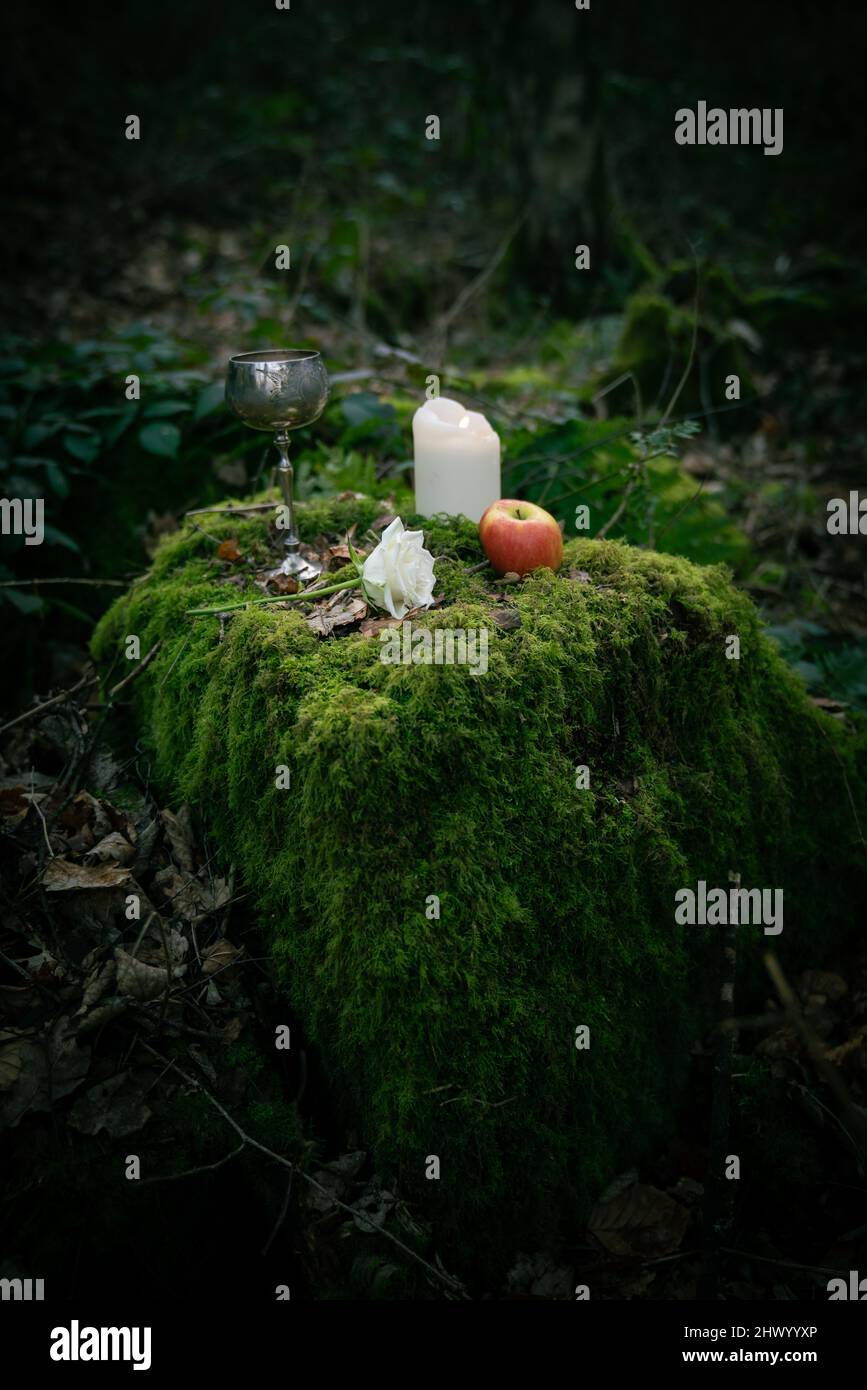 Moss covered altar Stock Photo