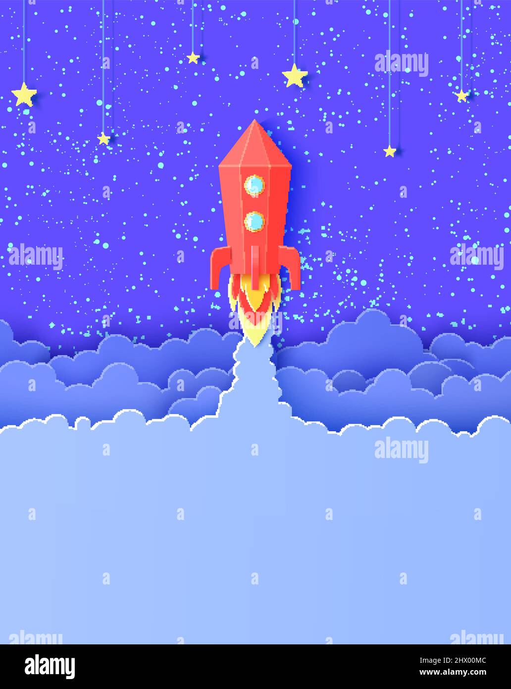 Red rocket launch in space and stars on rope in paper cut style. Galaxy ...