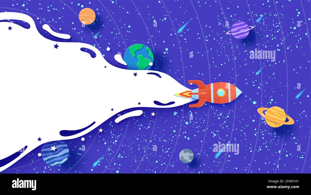 Space with red rocket and planets in paper cut style with white fog ...