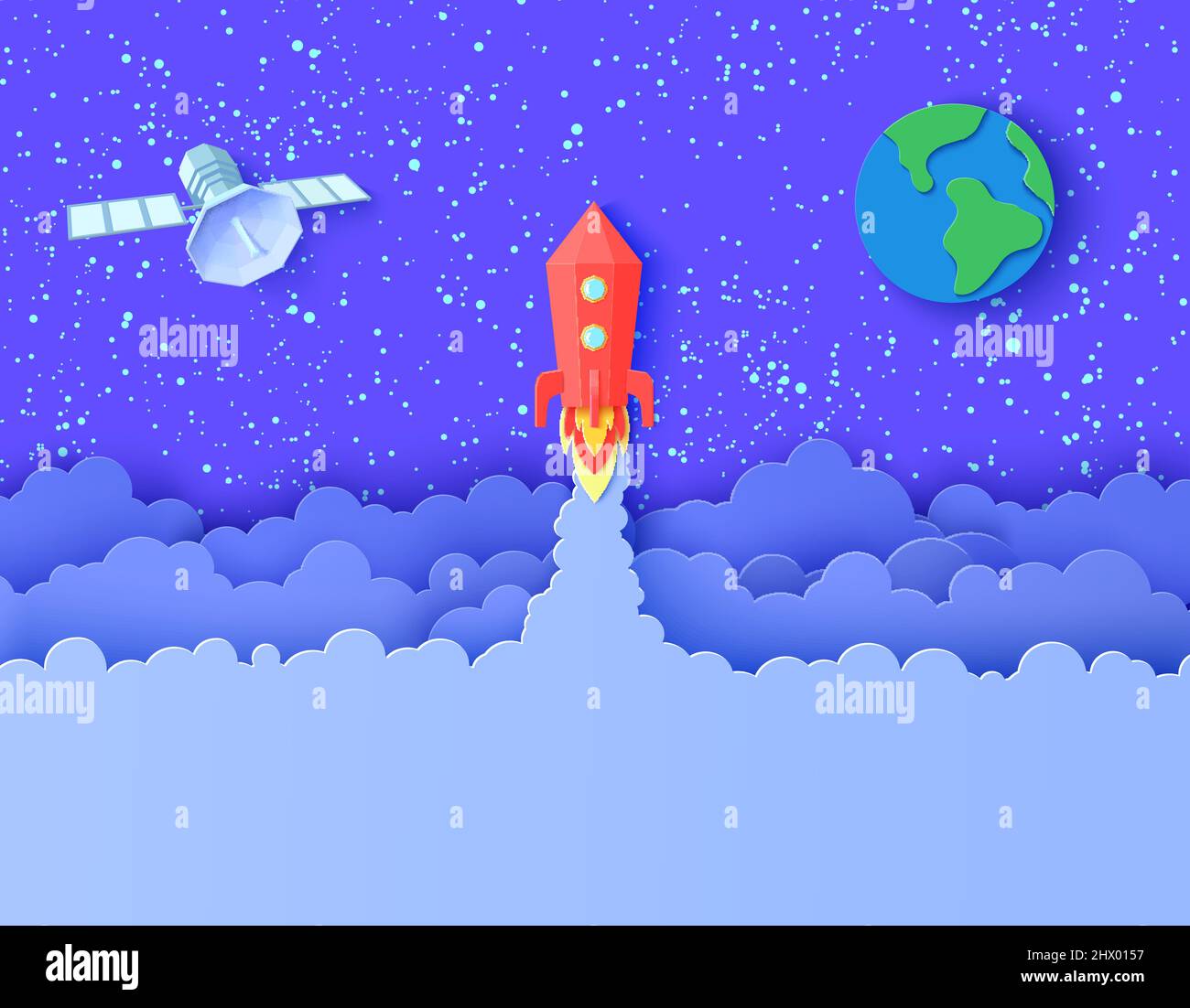Red rocket launch in space in paper cut style. Galaxy universe ...