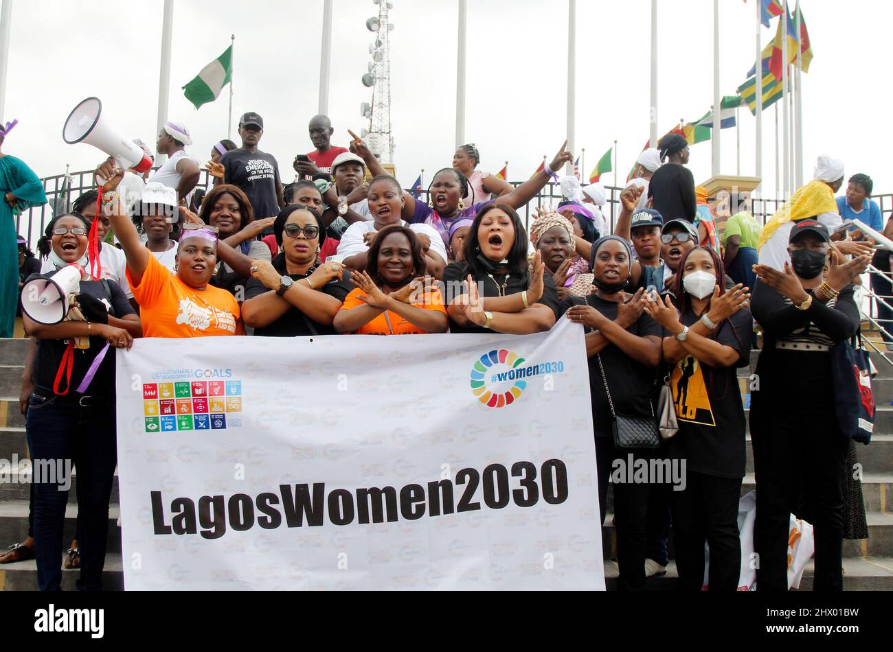 Lagos, Nigeria, 8th March, 2022  Women from different Non-Governmental Organisations hold a protest rally to mark the International Women’s Day 2022 at Alausa, Ikeja, Lagos, Nigeria on Tuesday, March 8, 2022. Nigerian women are asking the National Assembly to review the Gender and Equality Bills that was rejected by the lawmakers in the on-going constitution review. Photo by Adekunle Ajayi Stock Photo