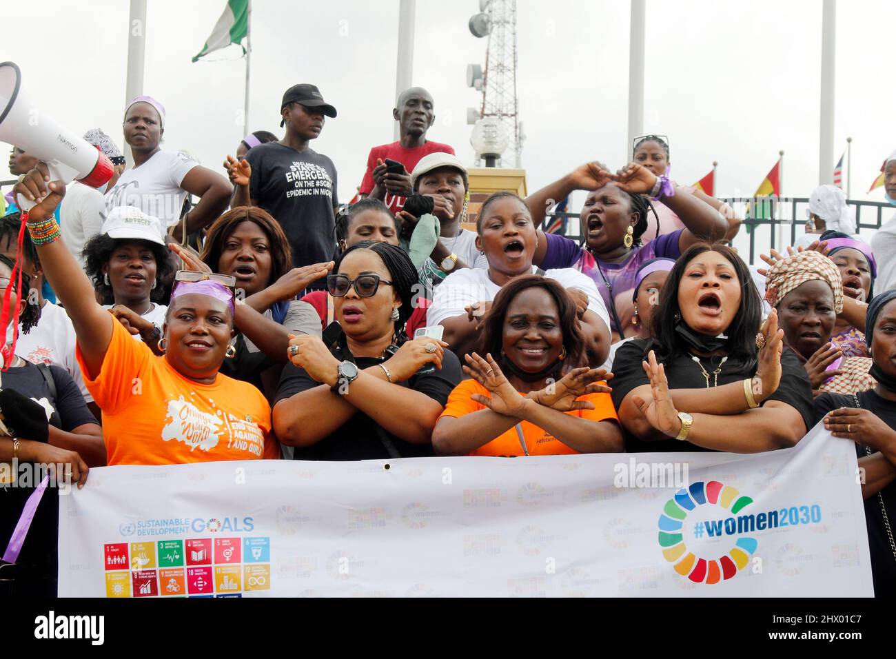 Lagos, Nigeria, 8th March, 2022  Women from different Non-Governmental Organisations hold a protest rally to mark the International Women’s Day 2022 at Alausa, Ikeja, Lagos, Nigeria on Tuesday, March 8, 2022. Nigerian women are asking the National Assembly to review the Gender and Equality Bills that was rejected by the lawmakers in the on-going constitution review. Photo by Adekunle Ajayi Stock Photo