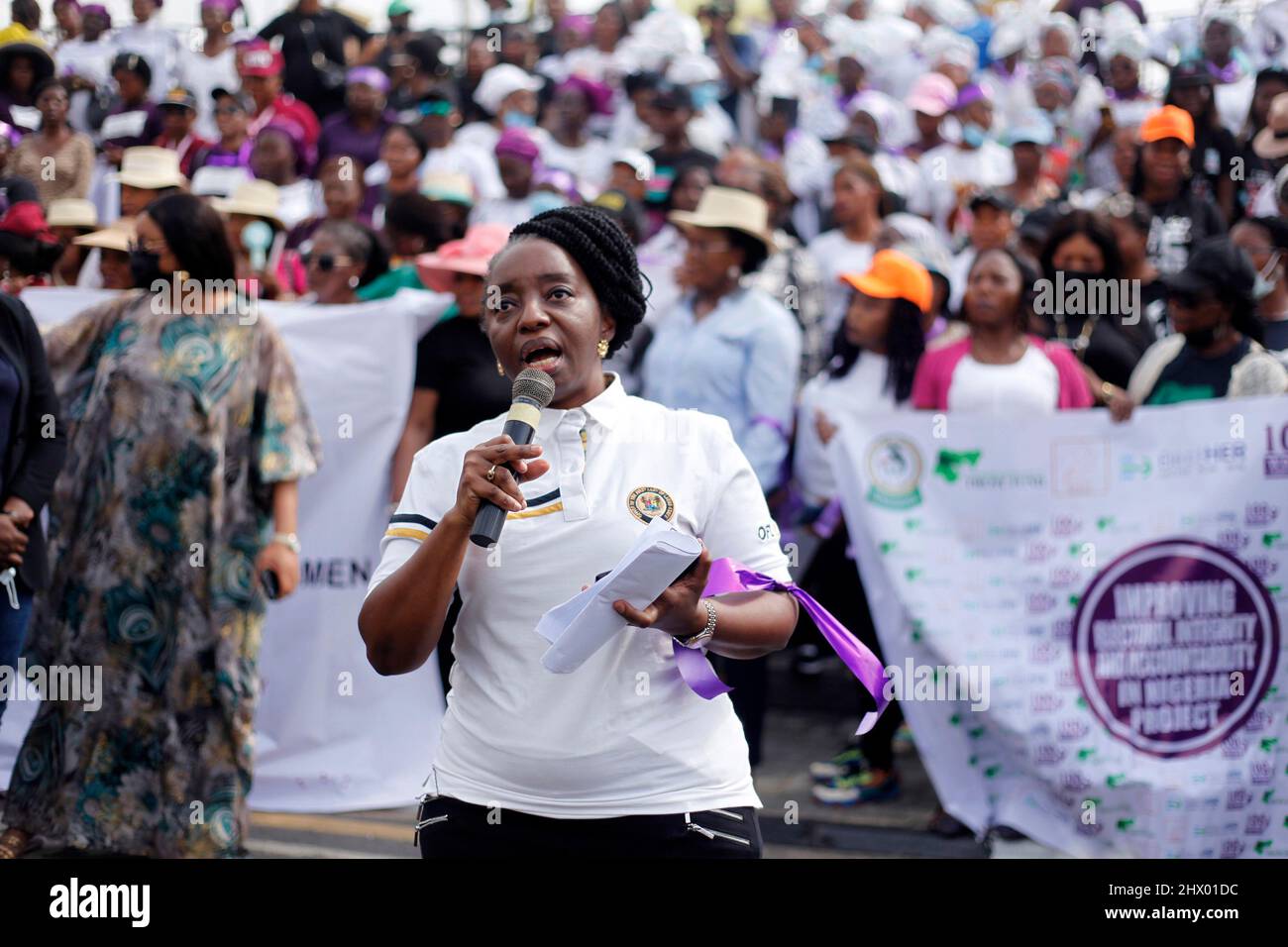 Lagos, Nigeria, 8th March, 2022  Dr. Ibijoke Sanwo-Olu, wife of Governor, Lagos State addresses women during a protest rally by coalition of women from different Non-Governmental Organisations to mark the International Women’s Day 2022 at Alausa, Ikeja, Lagos, Nigeria on Tuesday, March 8, 2022. Nigerian women are asking the National Assembly to review the Gender and Equality Bills that was rejected by the lawmakers in the on-going constitution review. Photo by Adekunle Ajayi Stock Photo