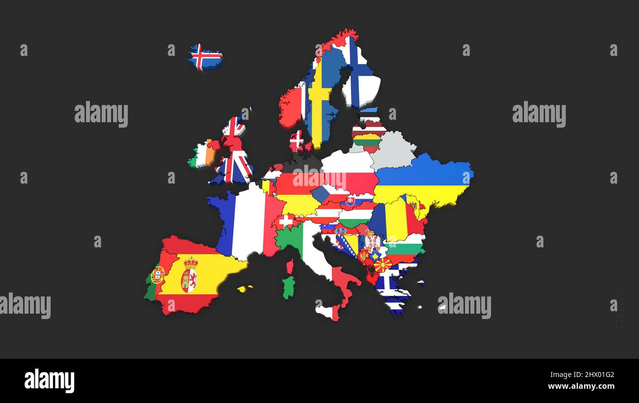 Map of Europe with the flags of each country - 3D Rendering Stock Photo