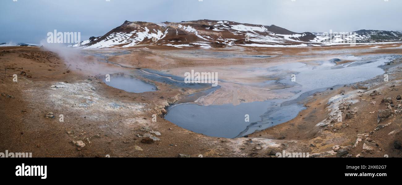 The Namafjall Geothermal Area, Iceland, on the east side of Lake Myvatn. At this area, also known as Hverir, are many smoking fumaroles Stock Photo