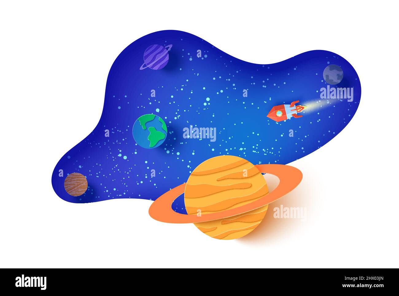 Space landscape in paper cut style. Cartoon 3d Saturn, Earth, Jupiter, Neptune planets, red polygonal rocket. Abstract vector frame with starry night Stock Vector