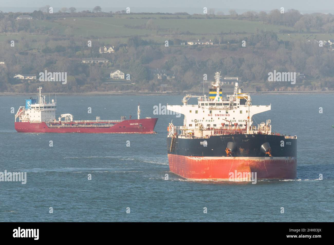 Whitegate, Cork, Ireland. 08th March, 2022. Tanker Myrtos leaves the harbour after discharging her cargo of crude oil at the Whitegate Oil Refinery in Whitegate, Co. Cork, Ireland.  - Picture David Creedon Stock Photo