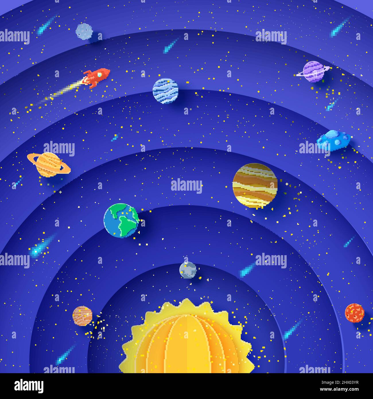 Solar system model in paper cut style. Round layers galaxy space with cartoon planets, red polygonal rocket, comets and origami UFO. 3d vector Stock Vector