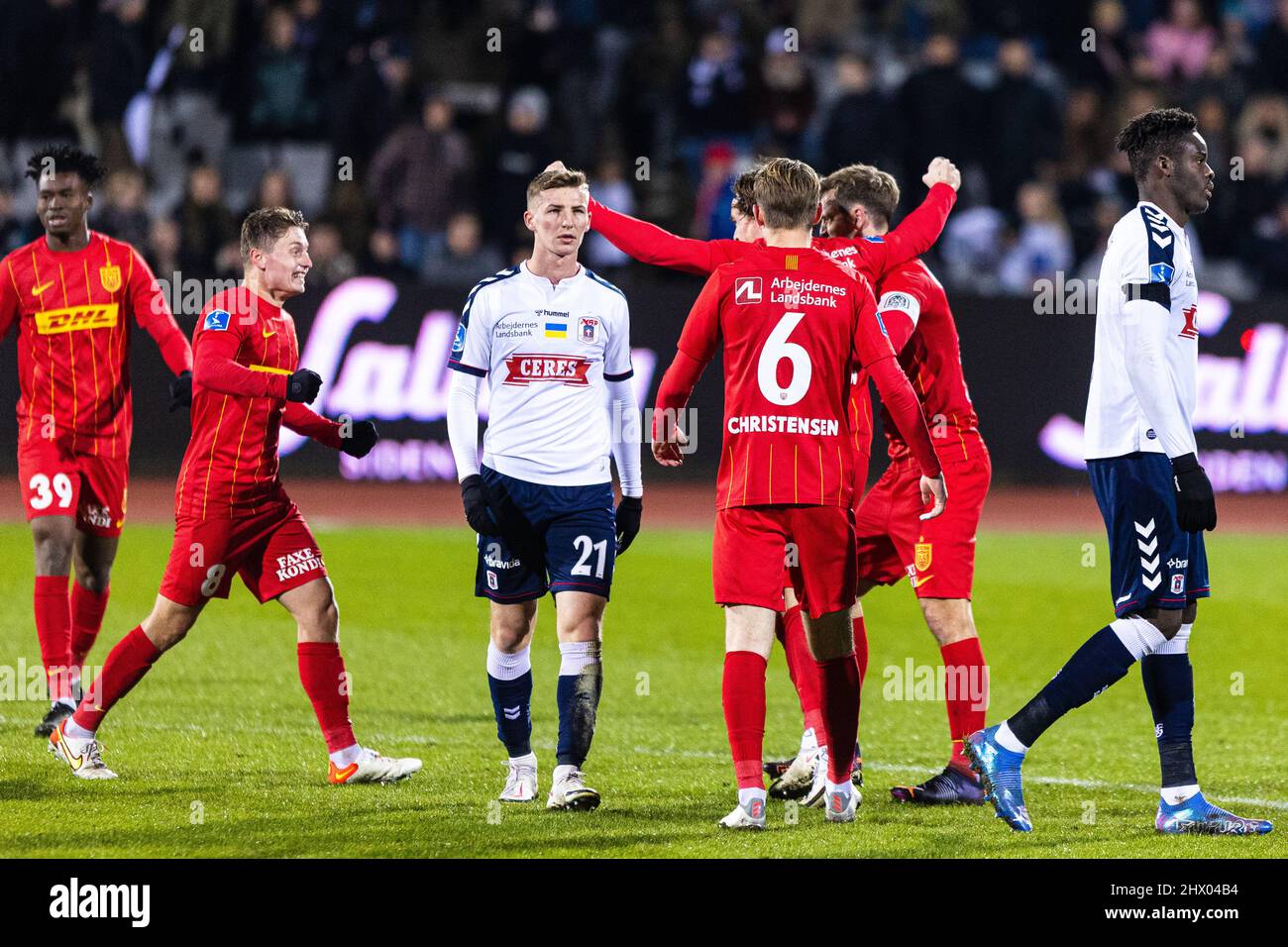 Aarhus, Denmark. 07th, March 2022. The players of FC Nordsjaelland are  celebrating the 2-3 victotry after the 3F Superliga match between Aarhus GF  and FC Nordsjaelland at Ceres Park in Aarhus. (Photo