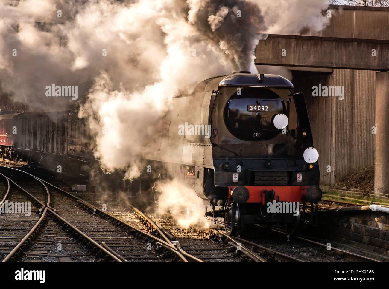 Bullied 7P5FA 4-6-2 ‘West Country’ class locomotive number 34092 The City of Wells entering Bury station on the East Lancs Railway Stock Photo