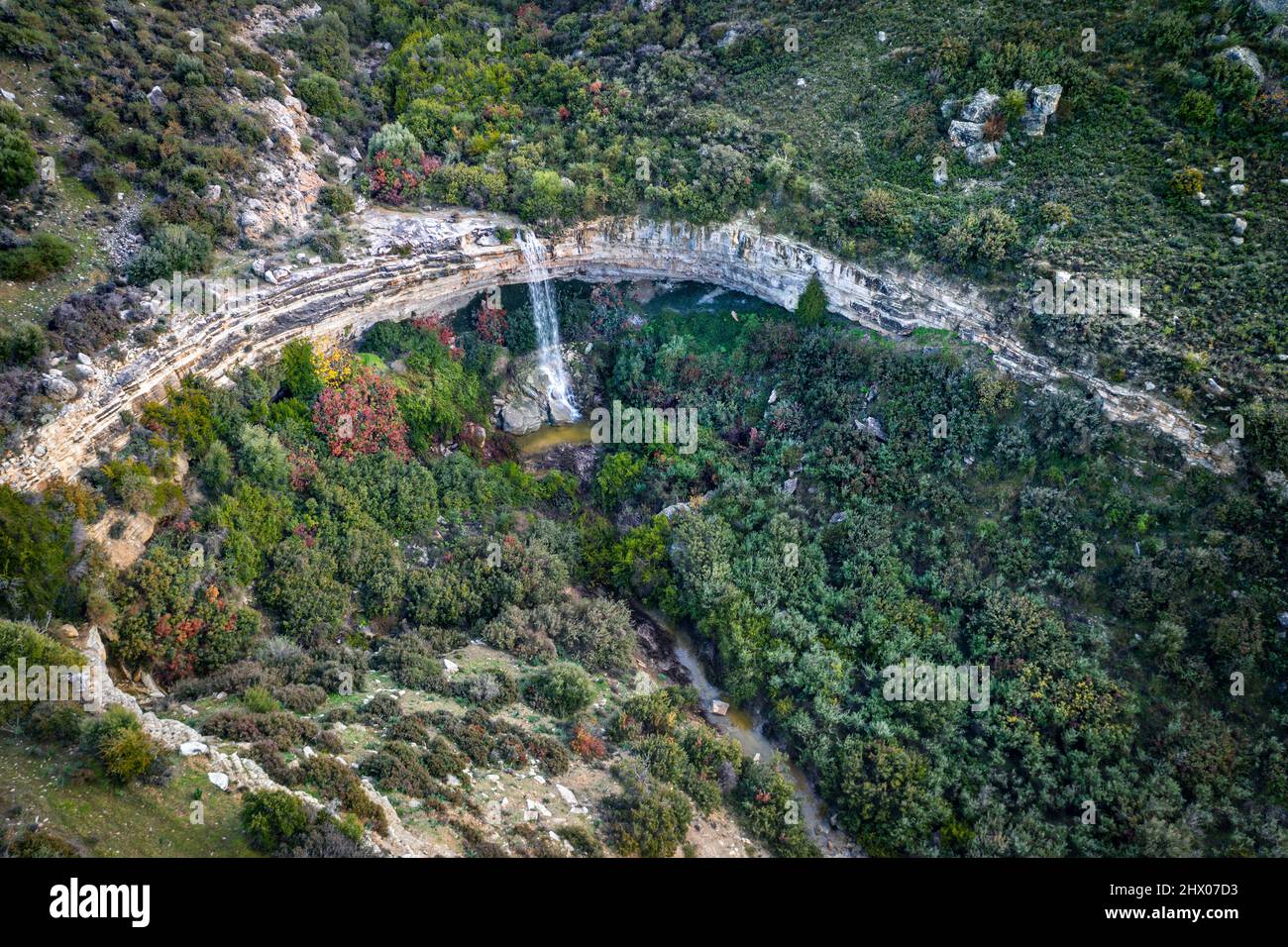 Prastio waterfall in Cyprus created by the high rain season, drone panorama Stock Photo