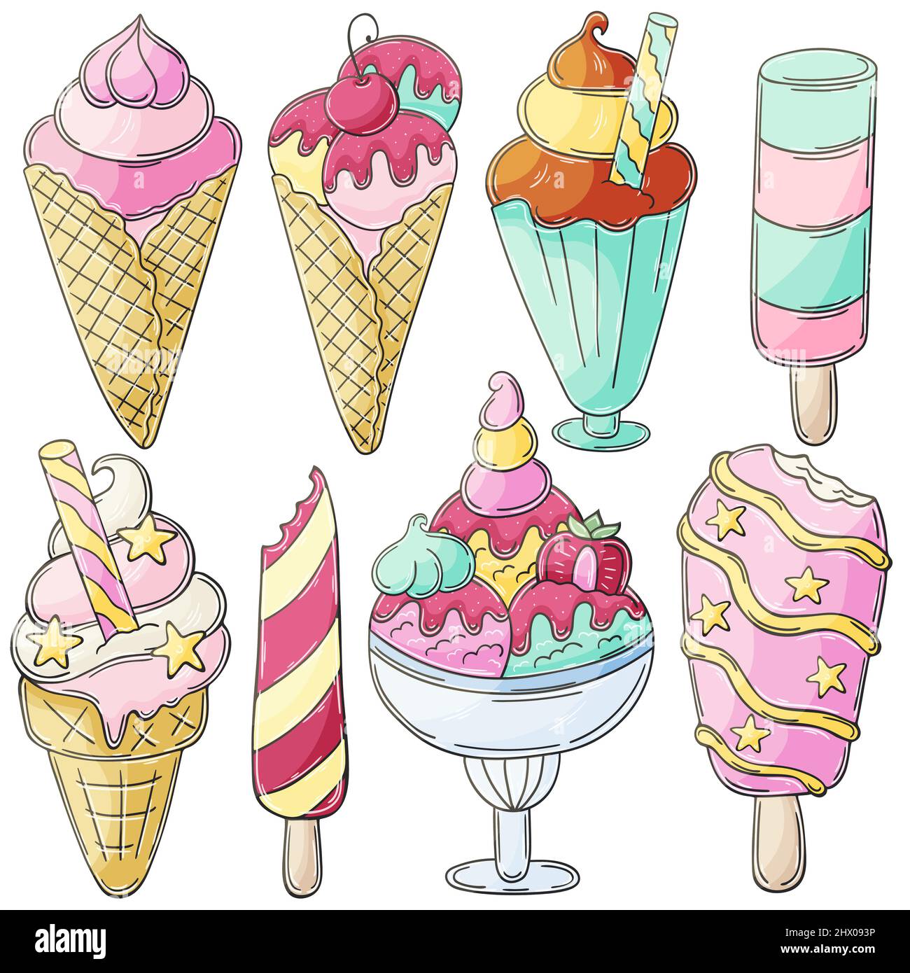 Sweet desserts, ice cream. Set of vector illustrations in hand draw style. Collection of icons, pins, signs, stickers. Ice cream in a cup, in a vase, Stock Vector