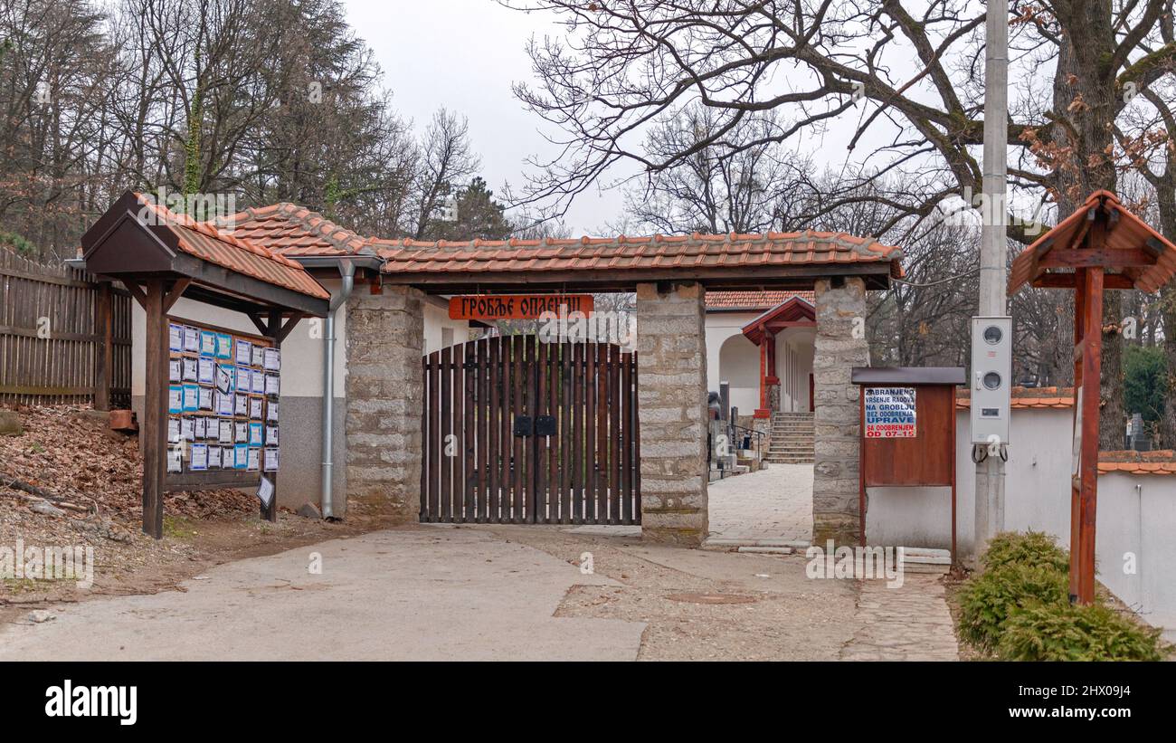Topola, Serbia - March 9, 2021: Entrance to Old Cemetery Graveyard in Topola, Serbia. Stock Photo