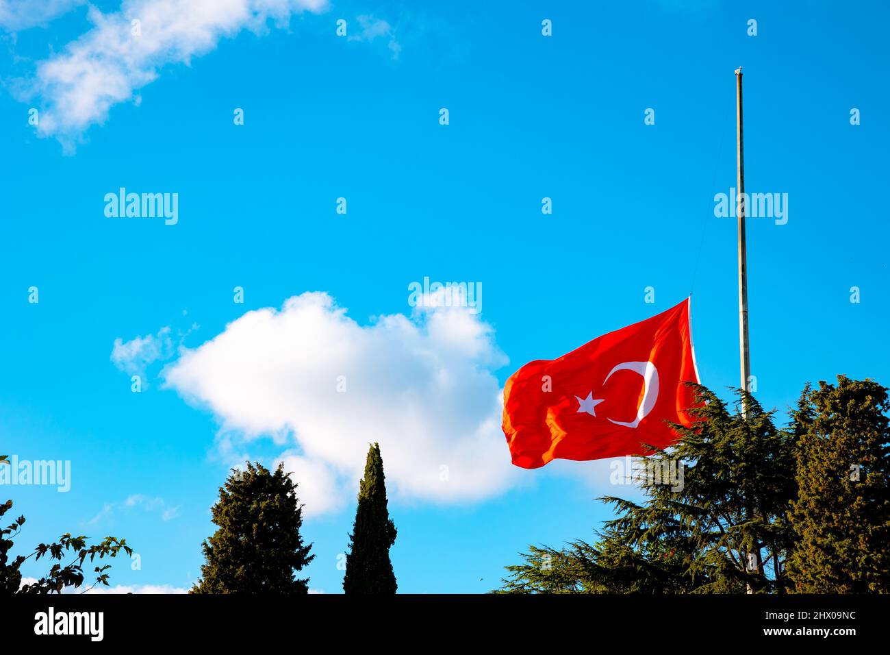 Halfstaff Turkish Flag on the pole. Death anniversary of Ataturk or 10