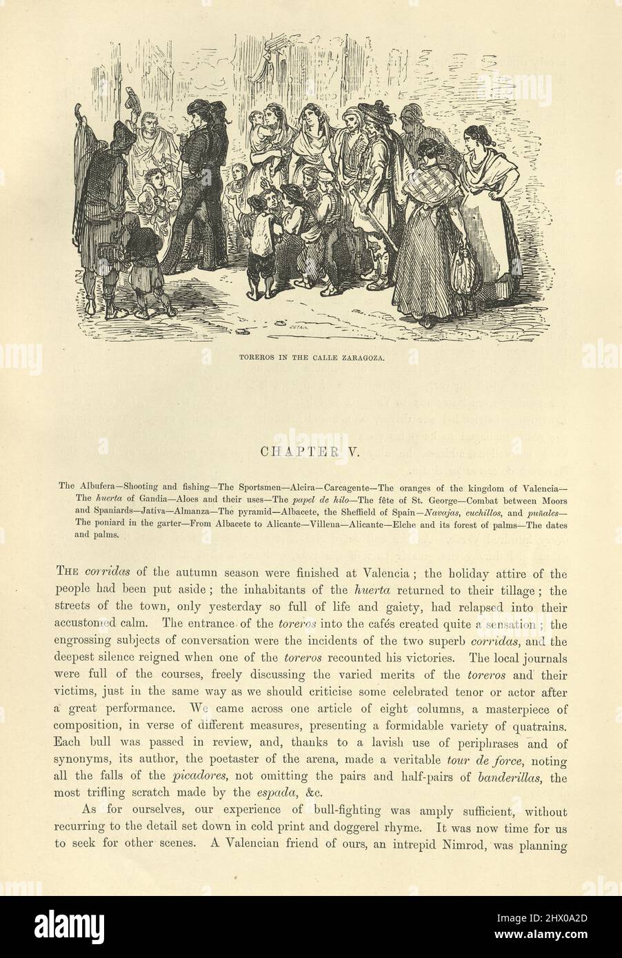 Toreros in the Calle Zaragoza, Page on bullfighting from Spain by Baron ch. D'Avillier illustrated by Gustave Dore Stock Photo