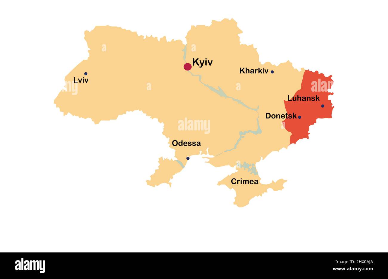 Map of Ukraine showing Major Cities, concept of war and military conflict in Ukraine Stock Vector