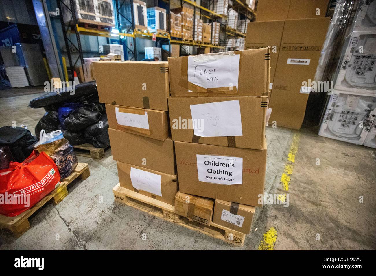 Donations given by people from Co. Armagh, at global transport and logistics company, DSV, in Belfast that will be packaged and shipped to go to the people of Ukraine. Picture date: Tuesday March 8, 2022. Stock Photo