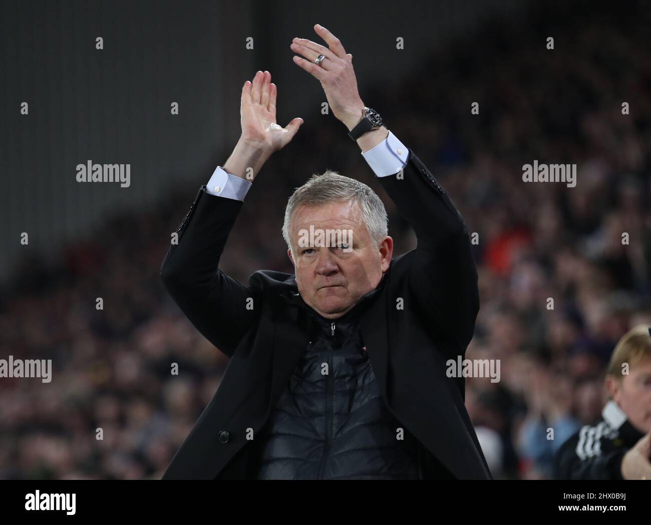 Sheffield, England, 8th March 2022.   Chris Wilder manager of Middlesbrough acknowledges the welcome from his former clubs fans during the Sky Bet Championship match at Bramall Lane, Sheffield. Picture credit should read: Isaac Parkin/ Sportimage Stock Photo