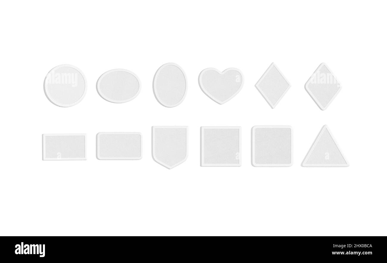 Blank white embroidered patch mockup, different types, top view Stock